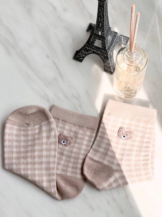 Teddy Bear Socks (Beige Gingham)